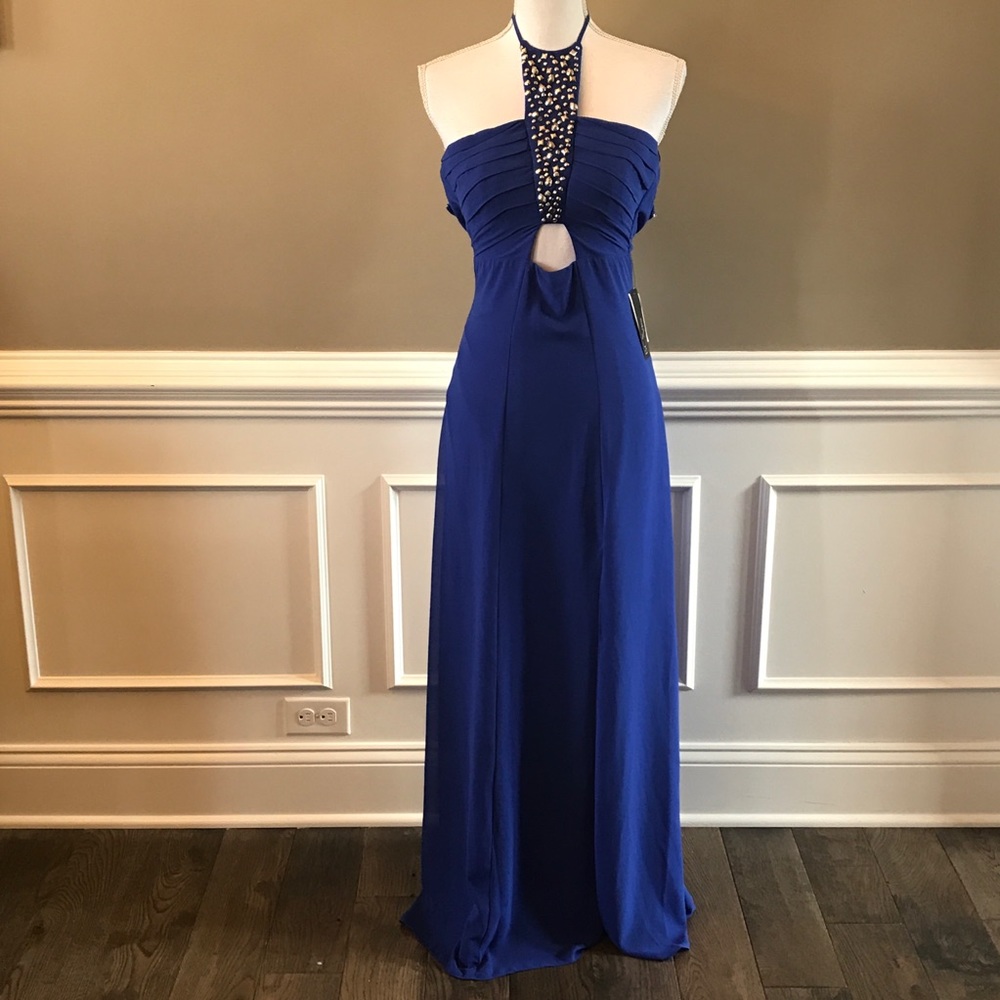 BCX long formal dress 11 & 0 blue beaded halter